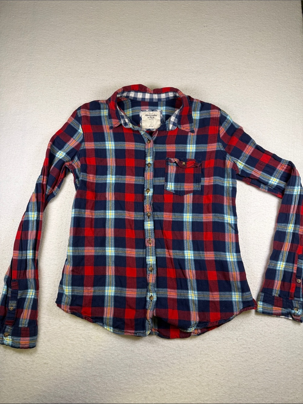 Abercrombie & Fitch Red and Navy Plaid Button-Down Shirt (P7)